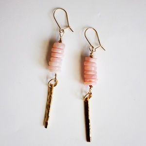 Gold Fill Pink Peruvian Opal Heishi Bead Bar Pendant Earrings